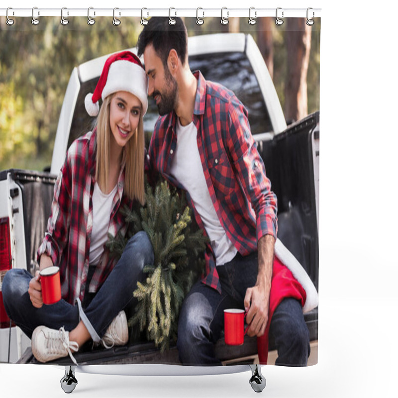 Personality  Beautiful Couple In Santa Hats Holding Red Cups While Sitting On Pickup Truck With Fir Tree For Christmas  Shower Curtains