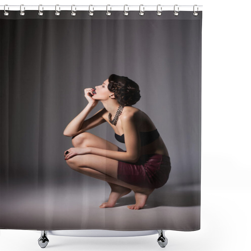 Personality  Glamorous Enticing Discalced Woman Sitting On Her Hunkers In Reverie. Daydream Shower Curtains