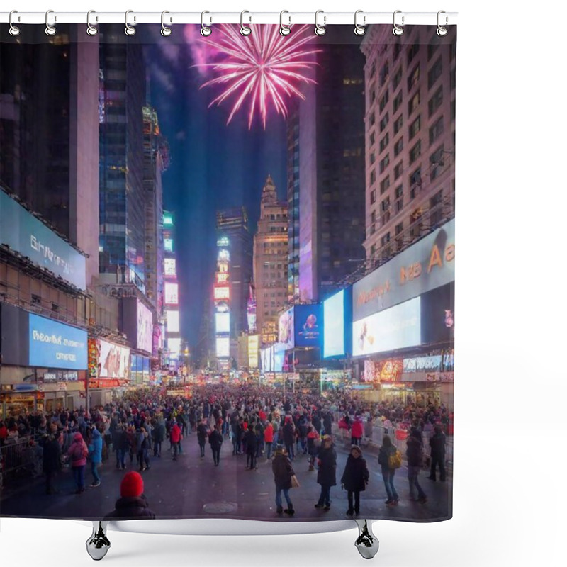 Personality  A Vibrant Scene Capturing The Iconic Times Square In New York City During New Year's Eve. Colorful Fireworks Light Up The Night Sky As Confetti Cascades Down Around A Jubilant Crowd Of People Celebrating, Holding Signs And Cheering For The New Year. Shower Curtains