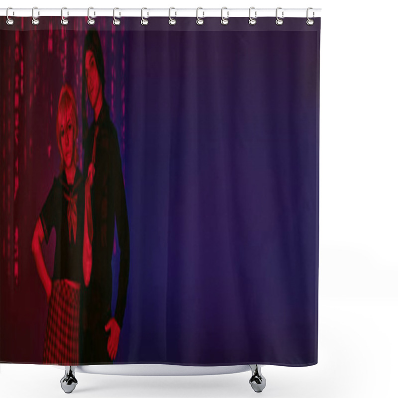 Personality  Anime Style Woman Pulling Tie Of Man In Red Neon Light On Blue And Purple Backdrop, Banner Shower Curtains