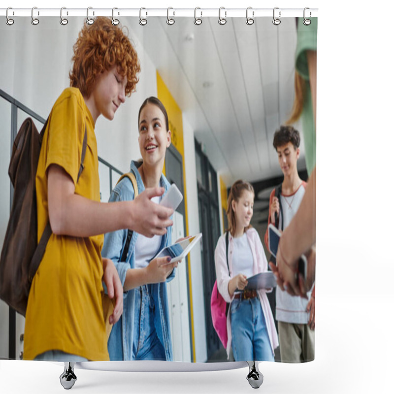 Personality  Back To School, Classmates Using Gadgets In School Hallway, Redhead Boy Using Smartphone Near Girl Shower Curtains