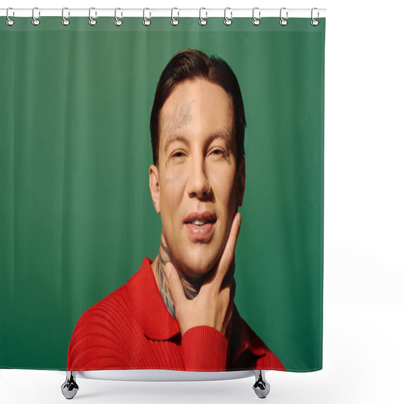 Personality  The Young Man Showcases His Tattoos While Striking A Playful Pose In Front Of A Bold Green Backdrop. Shower Curtains