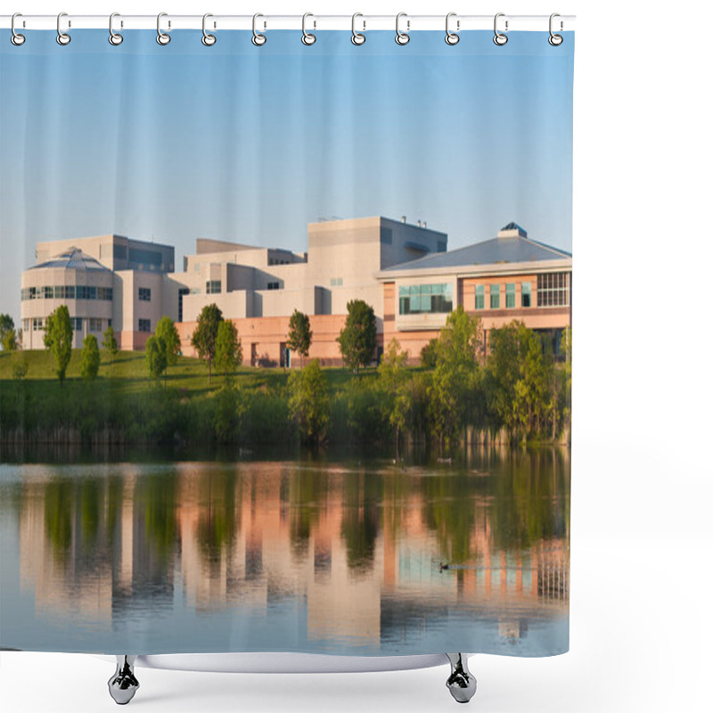 Personality  Community Center Building Reflected In A Pond Shower Curtains