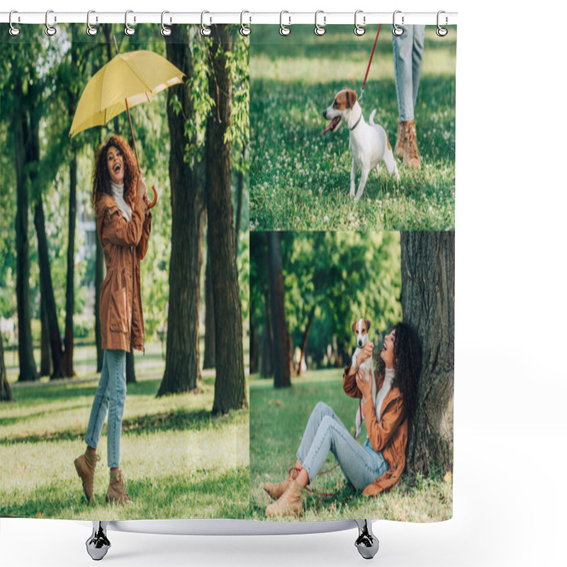 Personality  Collage Of Curly Woman In Raincoat Holding Umbrella And Playing With Jack Russell Terrier In Park  Shower Curtains