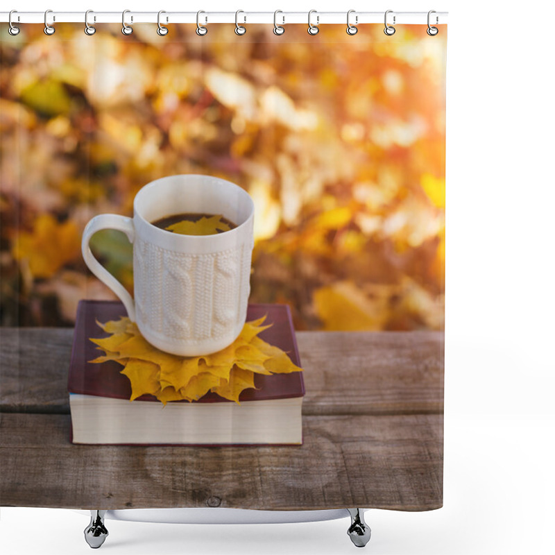 Personality  Hot Coffee And Red Book With Autumn Leaves On Wood Background Shower Curtains