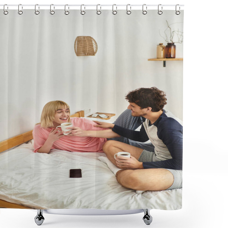 Personality  Two Men Relax In Bed, Smiling And Drinking From Cups While Enjoying Each Others Company. Shower Curtains