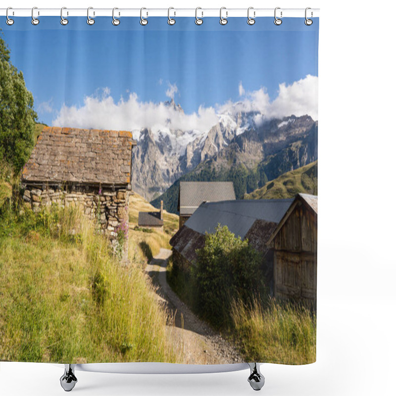 Personality  Ancient Stone Houses In Ecrins National Park With Snowcapped Alps Mountains On The Background, France. Shower Curtains