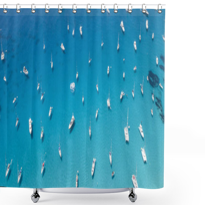 Personality  Many Boats Over Turquoise Sea And Small Cliff. Shower Curtains