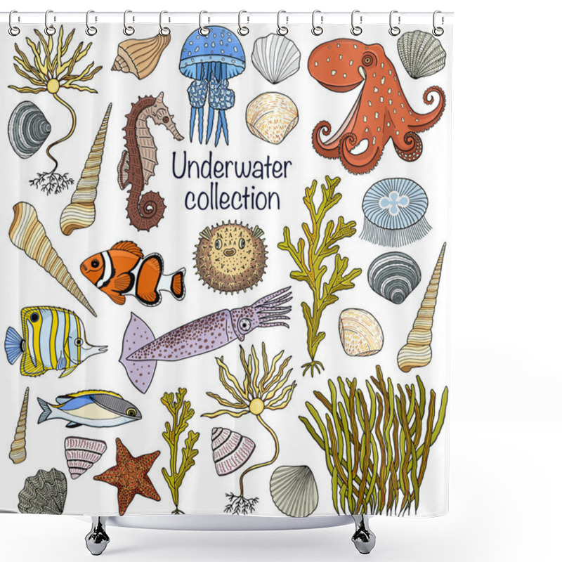 Personality  Underwater Collection: Shells, Starfish, Seaweed, Deep Sea Fish, Seahorse, Jellyfish, Octopus, Squid. Vector Illustration. Shower Curtains