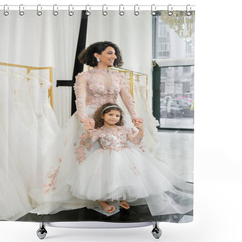 Personality  Cute Middle Eastern Girl In Floral Attire Holding Hands With Cheerful Woman Standing In Wedding Dress Near Blurred White Gown Inside Of Bridal Salon, Shopping, Bride-to-be, Mother And Daughter  Shower Curtains