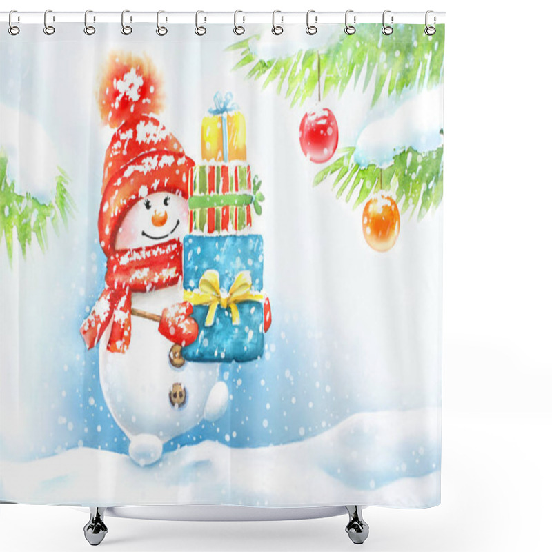 Personality  Watercolor Hand Drawn New Year Card With A Cute Snowman In The Cap And Mittens Carrying Present Boxes In The Forest. Christmas And New Year Card Design Shower Curtains