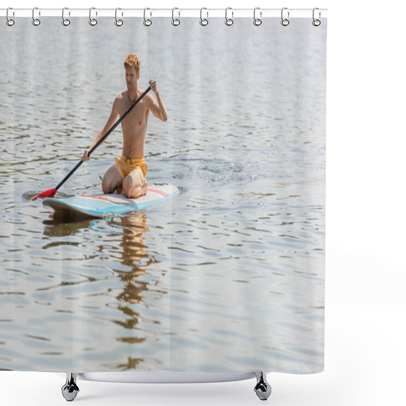 Personality  Young And Sportive Redhead Man In Yellow Swim Shorts Spending Summer Weekend On River While Sitting On Sup Board And Sailing With Paddle During Water Recreation Shower Curtains