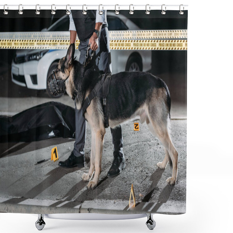 Personality  Cropped Image Of Policeman Holding Alsatian Dog On Leash Near Cross Line At Crime Scene With Corpse In Body Bag  Shower Curtains