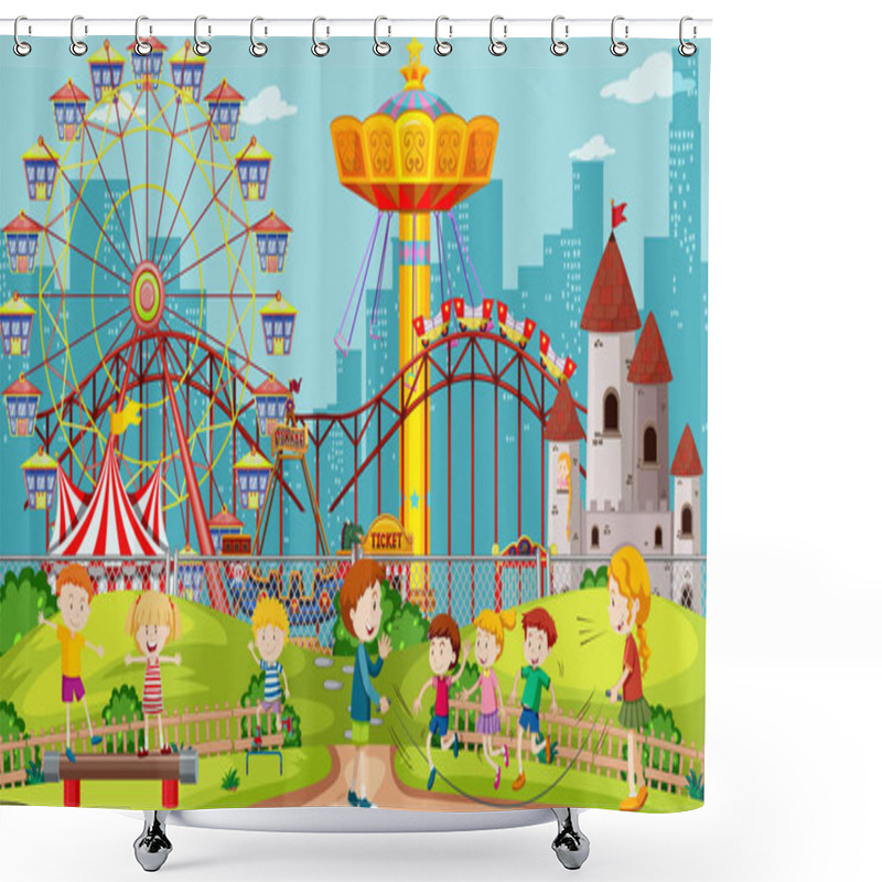 Personality  Themepark Scene With Many Rides And Happy Children Illustration Shower Curtains