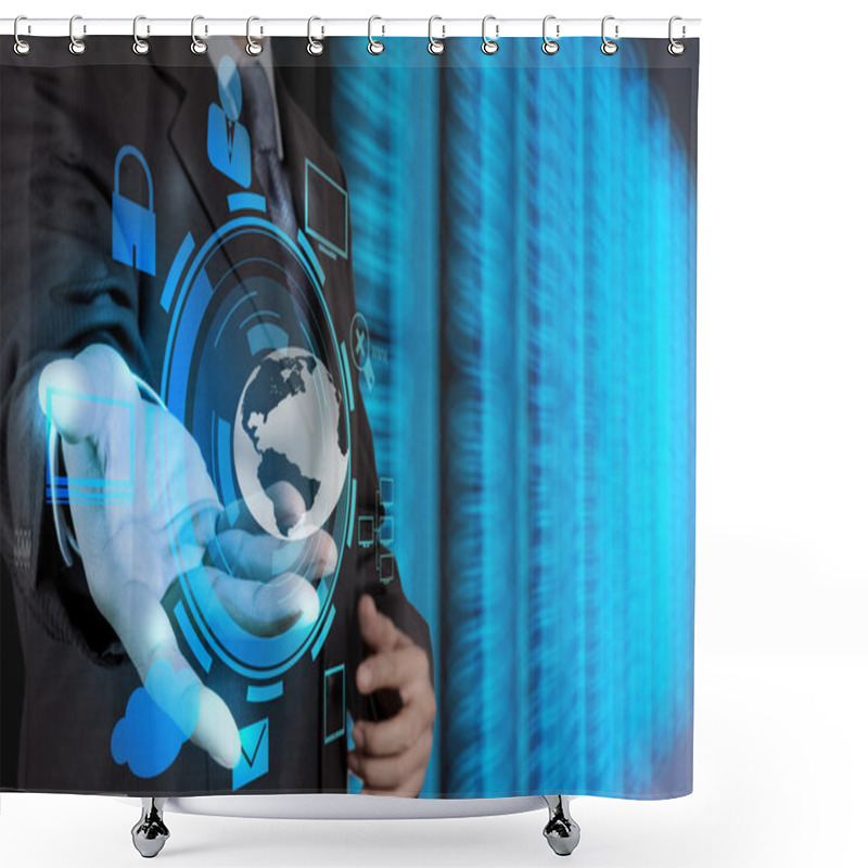 Personality  Businessman Hand Holding Cloud Network Icon On Touch Screen Comp Shower Curtains