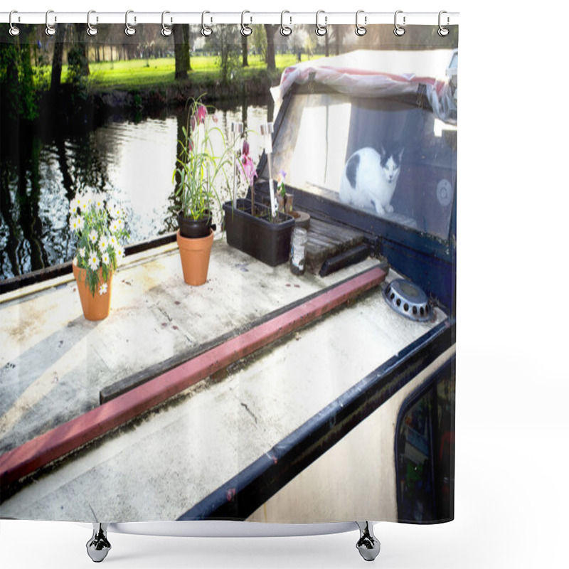 Personality  Houseboat On Canal With Flower Pots Shower Curtains