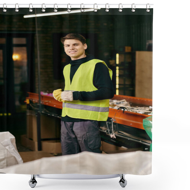 Personality  A Young Volunteer In Gloves And A Safety Vest Sorts Waste In A Warehouse, Practicing Eco-conscious Actions. Shower Curtains