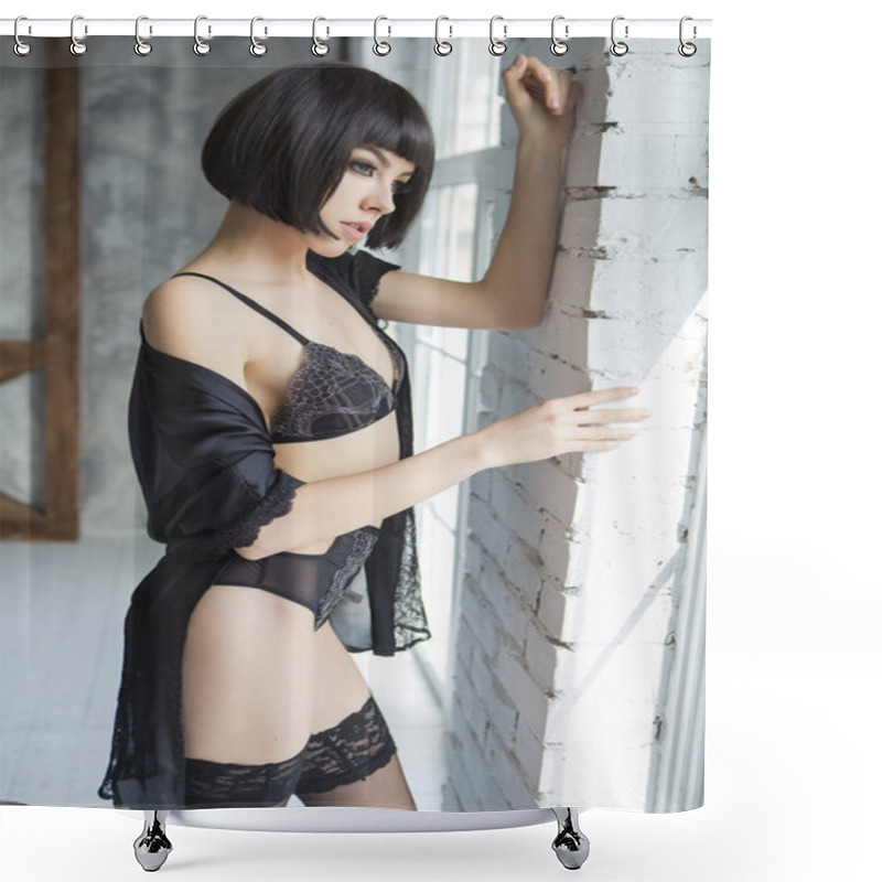 Personality  Beautiful Fit Slim Brunette Woman With Black Bob Haircut And Sed Shower Curtains