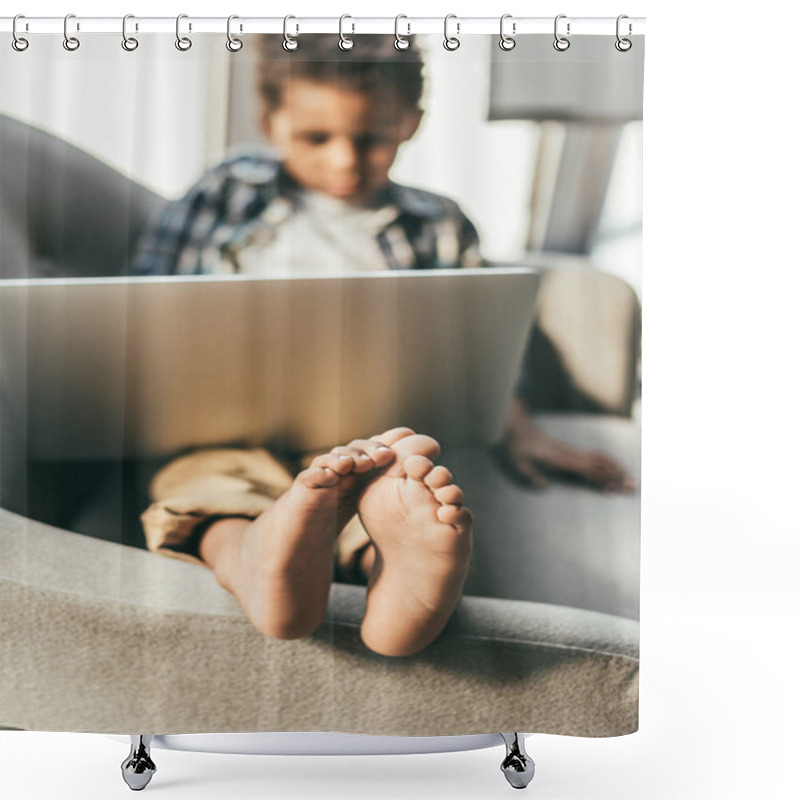 Personality  Boy With Laptop In Armchair Shower Curtains