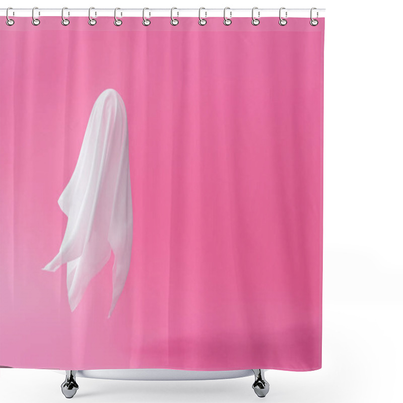 Personality  White Ghost Sheet Costume Against Pastel Pink Background. Minimal Halloween Scary Concept. Shower Curtains