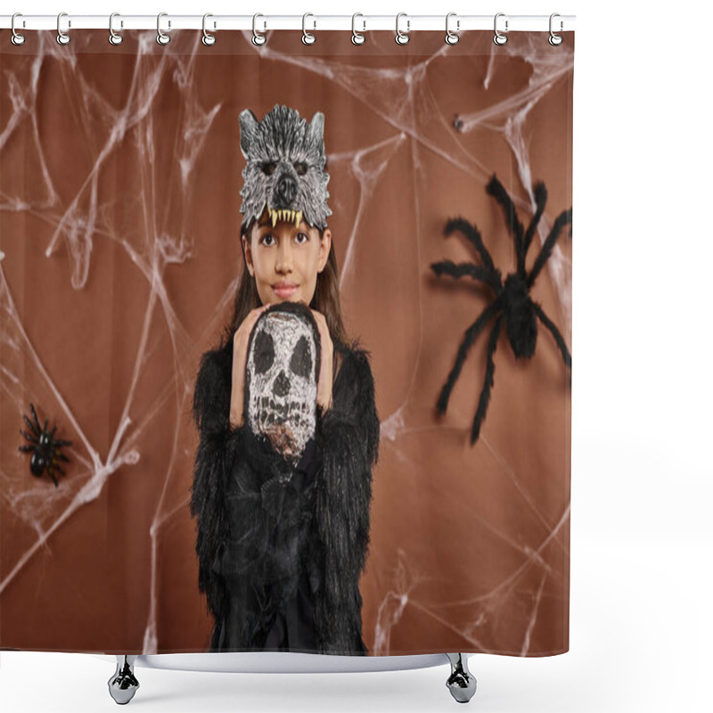 Personality  Smiling Girl In Wolf Mask And Black Attire Hugging Halloween Toy Skeleton, Halloween Concept Shower Curtains