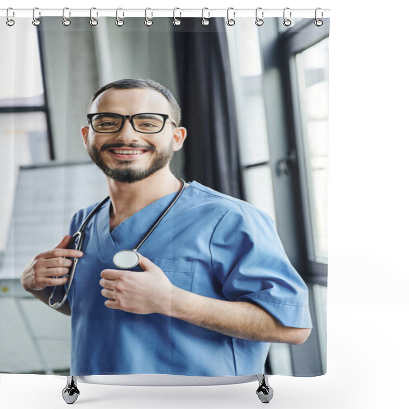 Personality  Overjoyed Bearded Medical Instructor With Stethoscope On Neck Wearing Blue Uniform And Smiling At Camera In Training Room, First Aid Training Seminar And Emergency Preparedness Concept Shower Curtains