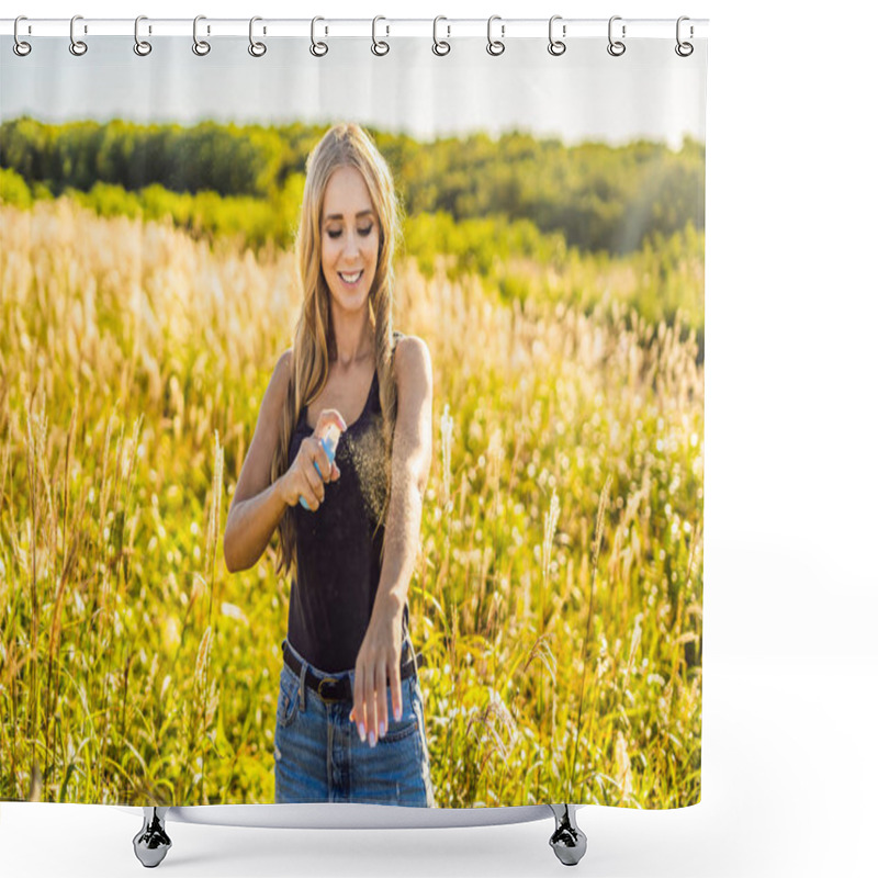 Personality  Woman Spraying Insect Repellent On Skin In Field  Shower Curtains