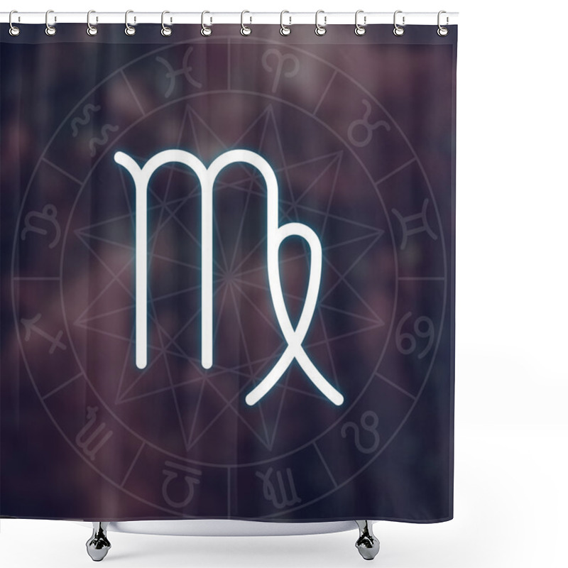 Personality  Zodiac Sign - Virgo. White Thin Simple Line Astrological Symbol On Blurry Abstract Space Background With Astrology Chart. Shower Curtains