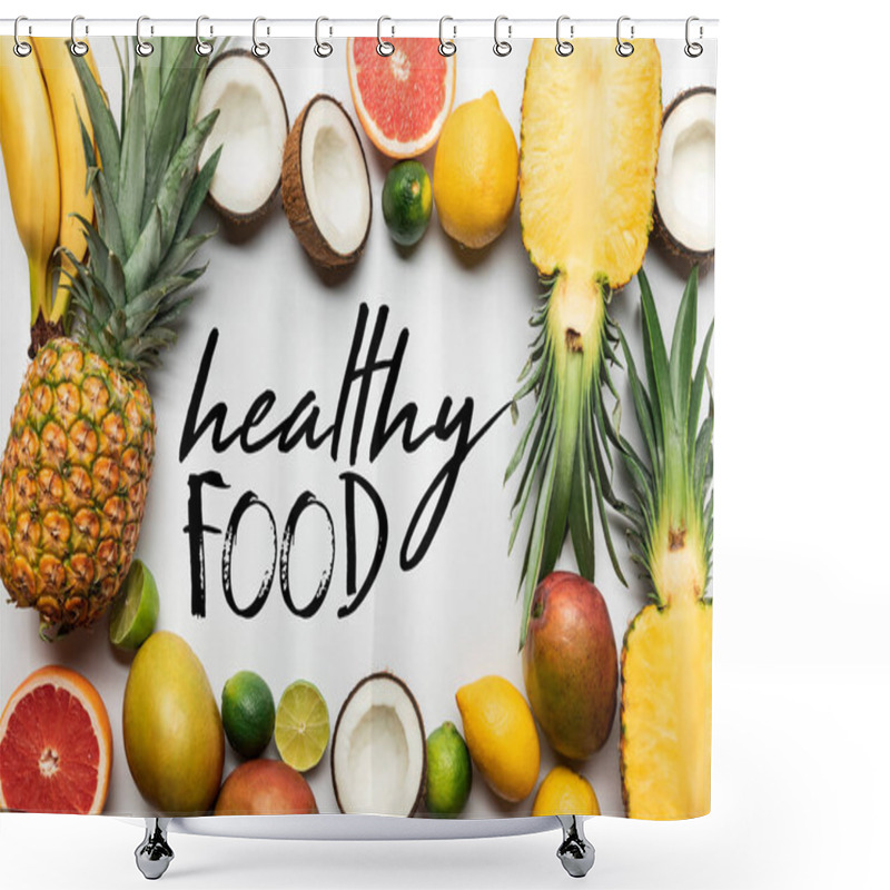 Personality  Frame Made Of Organic Exotic Fruits On White Background With Healthy Food Illustration  Shower Curtains