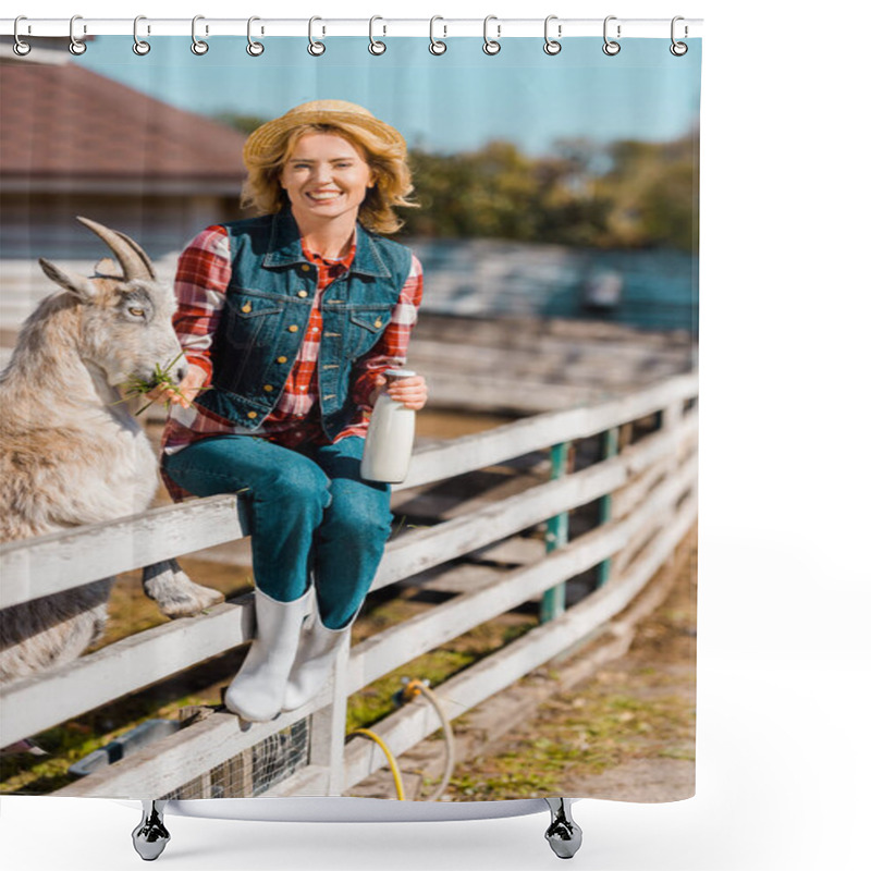 Personality  Smiling Female Farmer With Milk Bottle Sitting On Wooden Fence And Feeding Goat At Ranch Shower Curtains