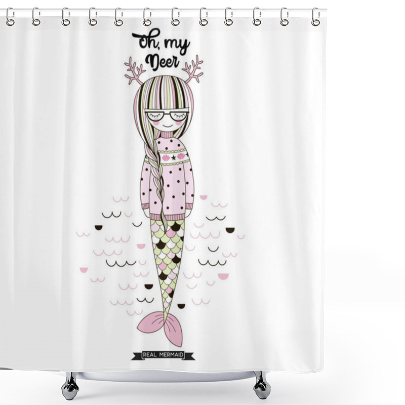 Personality  Mermaid Dressed Up In Jacquard Pullover, Merry Christmas Illustration Shower Curtains