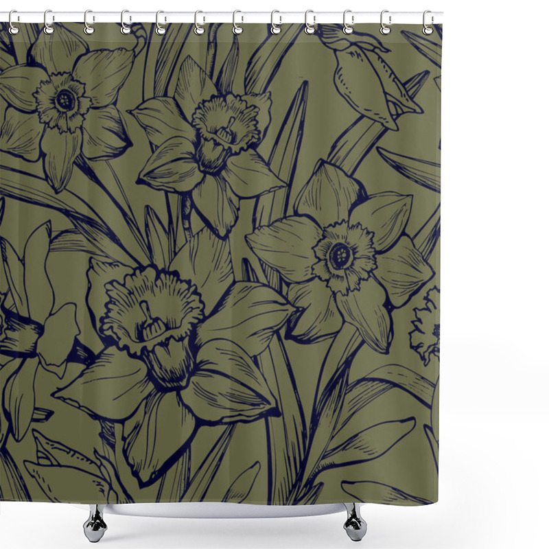 Personality  Monochrome Seamless Patten With Hand Drawn Contours Of Narcissus Shower Curtains