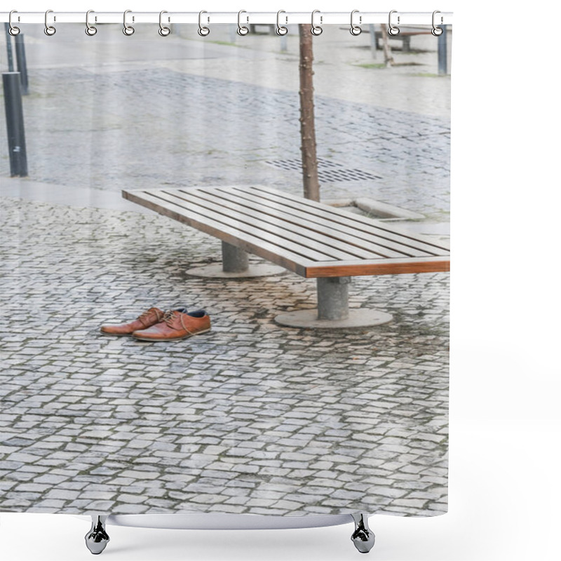 Personality  Brown Leather Shoes On A Cobblestone Pavement Next To A Bench In An Urban Setting. Shower Curtains