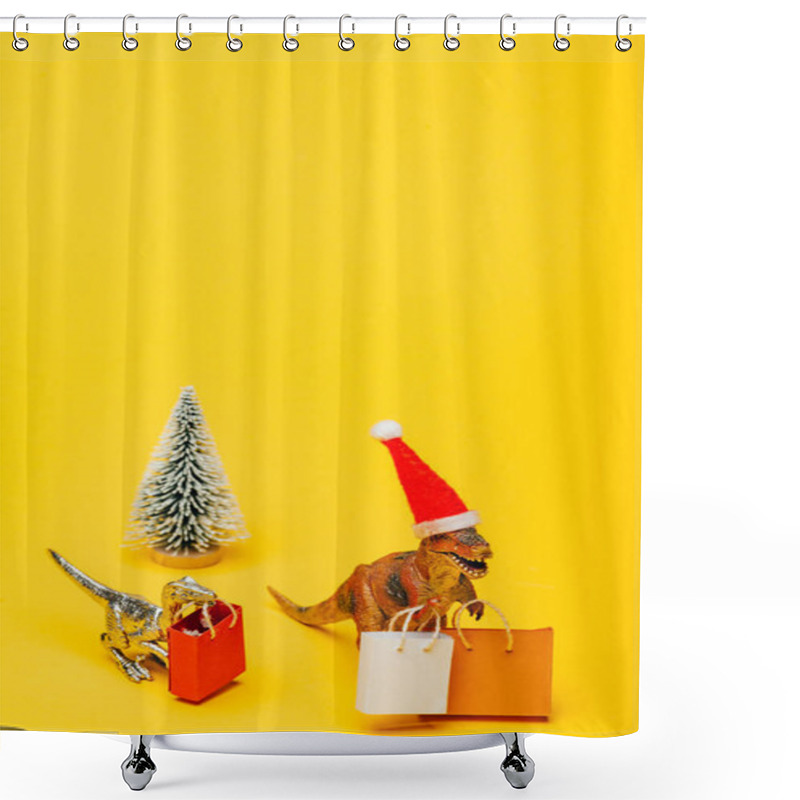 Personality  Toy Dinosaurs In Santa Hat With Shopping Bags And Christmas Tree On Yellow Background Shower Curtains