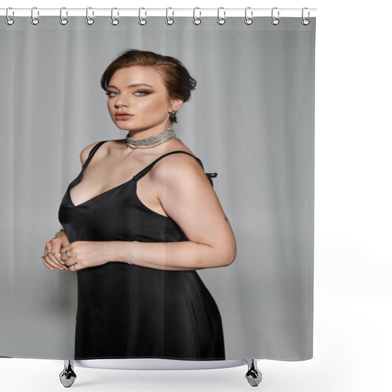 Personality  A Radiant Young Woman Poses Gracefully In An Elegant Dress, Exuding Confidence And Charm. Shower Curtains