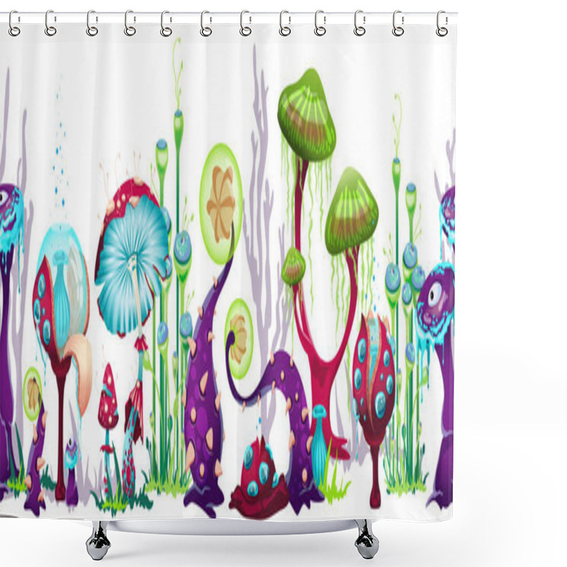 Personality  Repeatable Border With Fantasy Mushrooms, Flat Vector Illustration Isolated. Shower Curtains