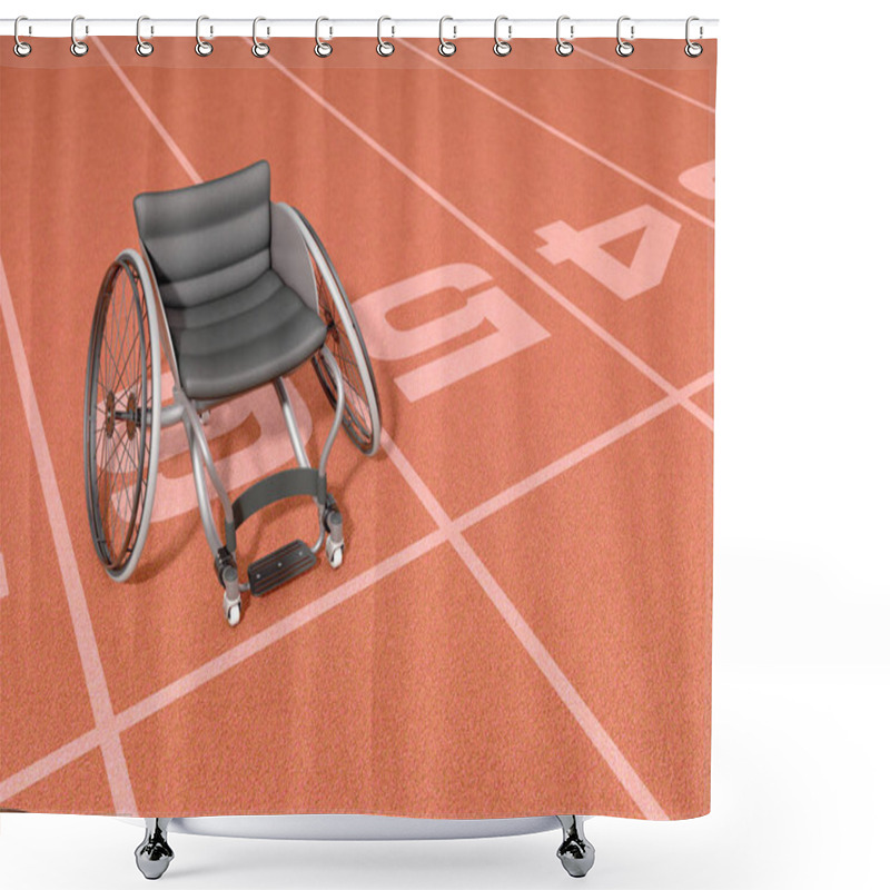 Personality  An Empty Modified Wheelchair Used By Handicapped Athletes To Compete In Various Sporting Codes On An Orange Marked Athletics Track Background - 3D Render Shower Curtains