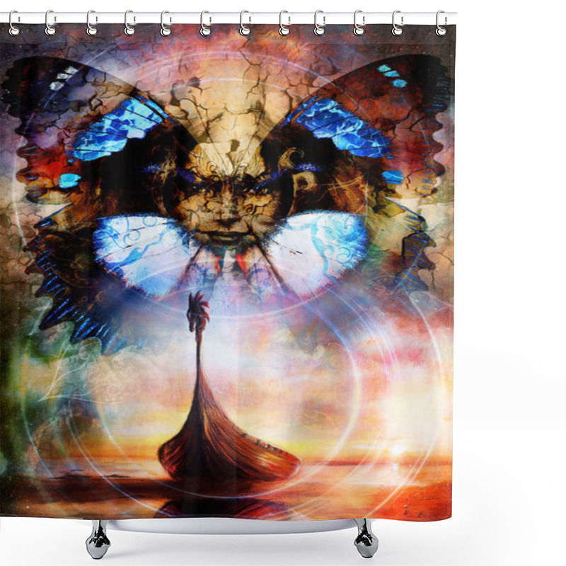 Personality  Goddess Woman And Oriental Ornamental Mandala With Butterfly And Boat. Painting Collage. Shower Curtains