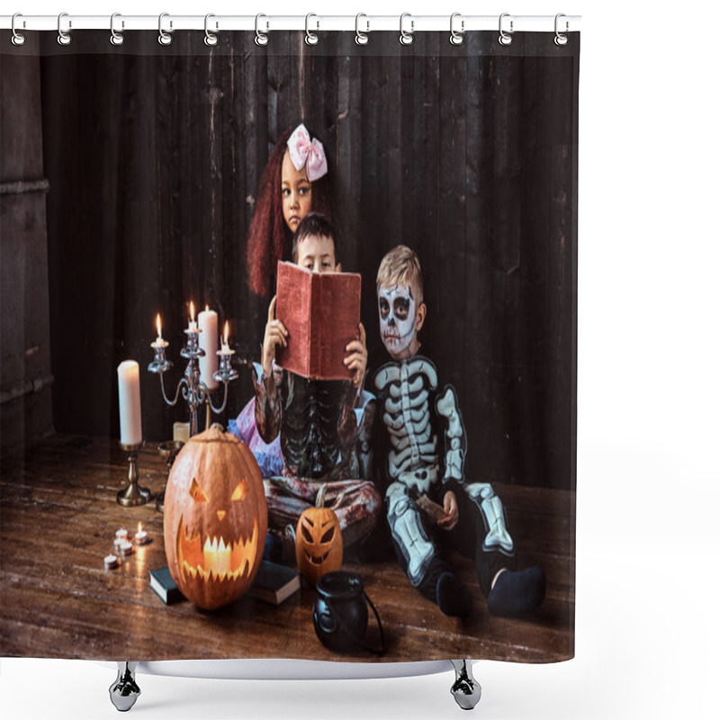 Personality  Group Of Cute Multiracial Kids In Scary Costumes Reading Horror Stories In An Old House, During Halloween Party.  Shower Curtains