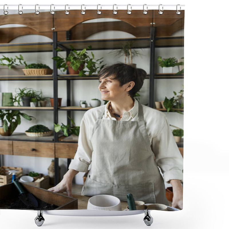 Personality  A Gardener Tending To Her Beloved Plants In A Cozy Studio. Shower Curtains