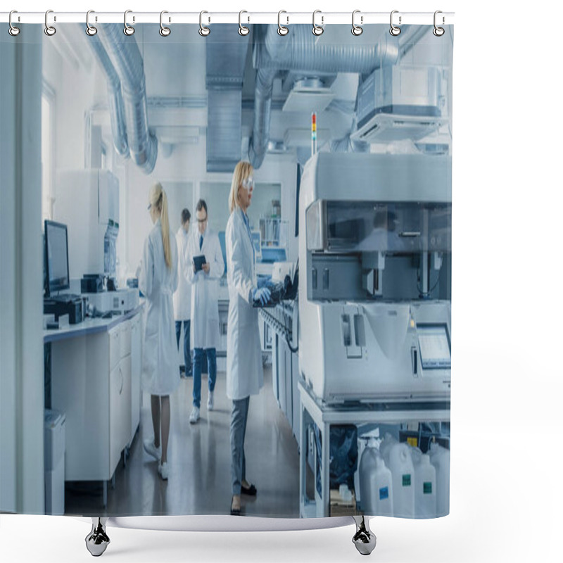 Personality  Team Of Research Scientists Working On Computer, With Medical Equipment, Analyzing Blood And Genetic Material Samples With Special Machines In The Modern Laboratory. Shower Curtains