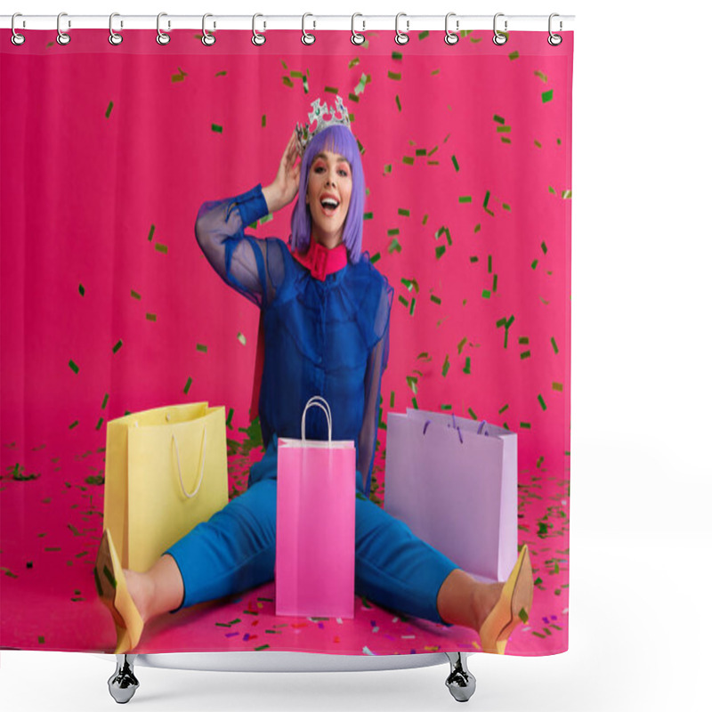 Personality  Happy Girl In Purple Wig And Crown Sitting With Shopping Bags And Holiday Confetti, On Pink Shower Curtains