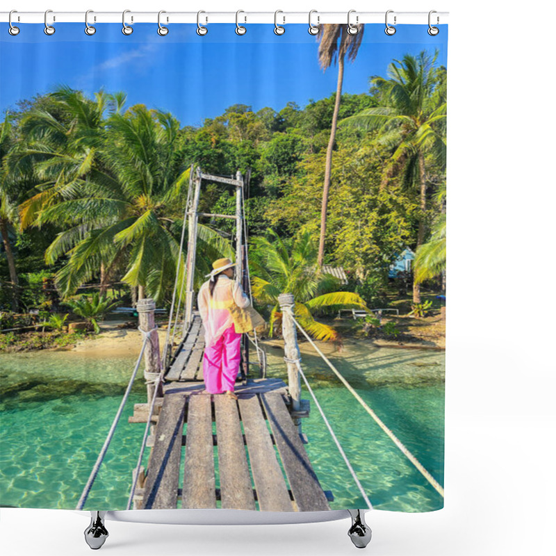 Personality  A Serene Moment On A Wooden Bridge At Koh Kood, Thailand. Surrounded By Vibrant Greenery And Clear Waters, A Woman In Traditional Attire Enjoys The Peaceful Paradise Of This Tropical Island. Shower Curtains