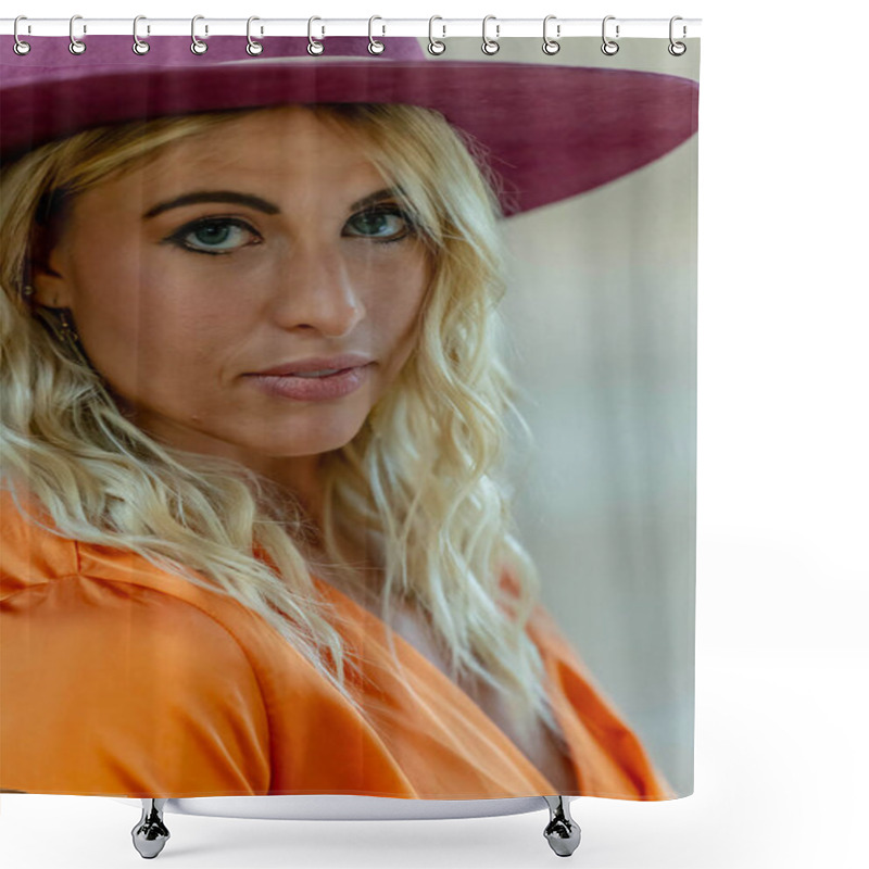 Personality  A Beautiful Young Woman Strolls Through Her Quaint Small Town, Basking In The Warmth Of Spring. Surrounded By Blooming Flowers And Fresh Air, She Radiates Joy, Enjoying The Peaceful Solitude. Shower Curtains