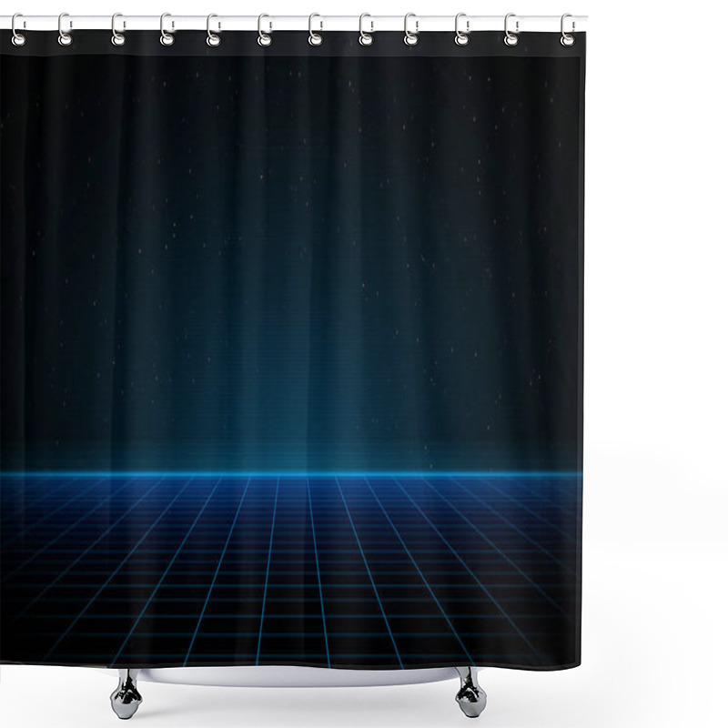 Personality  Synthwave Vaporwave Retrowave Cyber Background With Copy Space, Laser Grid, Starry Sky, Blue Glow. Design For Poster, Cover, Wallpaper, Web, Banner, Etc. VHS Effect. Eps 10. Shower Curtains