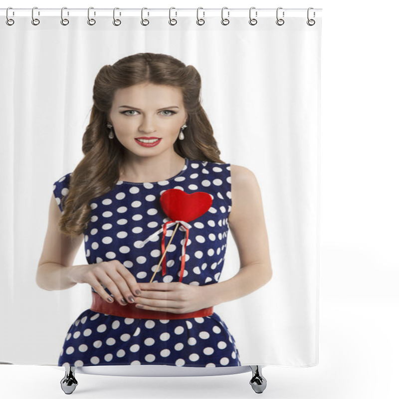 Personality  Woman In Polka Dot Dress With Heart, Retro Girl Pin Up Hair Style, Beauty Make Up And Hairstyle, Isolated Over White Background Shower Curtains