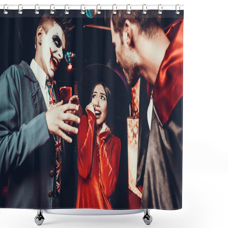 Personality  Young People In Costumes Celebrating Halloween. Group Of Young Happy Friends Wearing Halloween Costumes Having Fun At Party In Nightclub By Doing Scary Faces. Celebration Of Halloween Shower Curtains