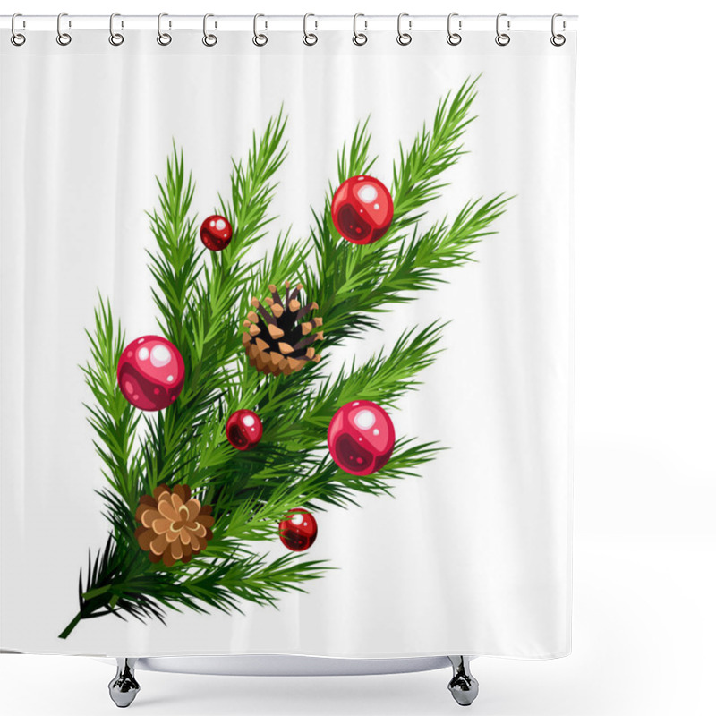 Personality  Christmas Fir Branch With Red Christmas Balls And Pine Cones Isolated On A White Background. Vector Illustration Shower Curtains