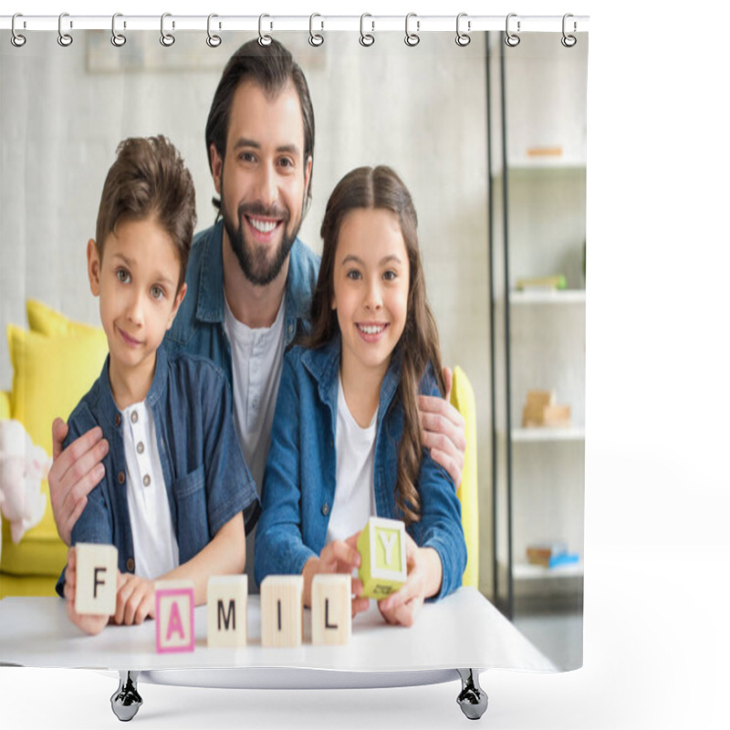 Personality  Happy Father With Two Children Holding Cubes With Word Family And Smiling At Camera  Shower Curtains