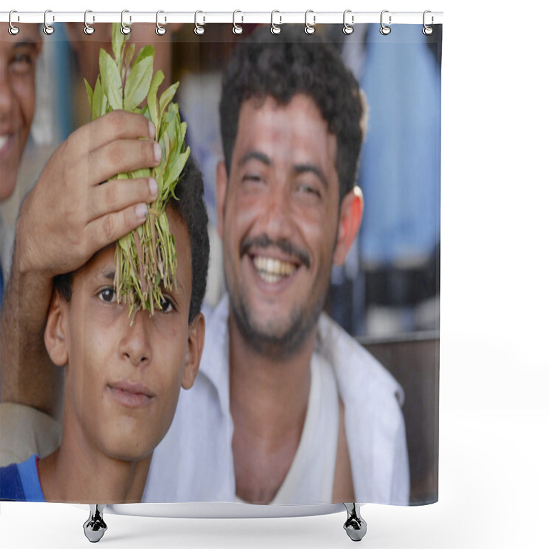 Personality  Men Sell Khat At The Local Market In Lahij, Yemen. Shower Curtains